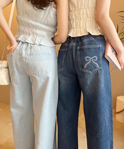 セール】リボンワイドデニムパンツ（デニムパンツ）｜one after