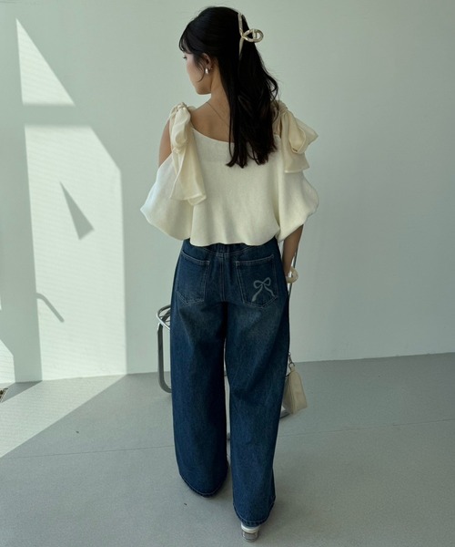 one after another NICE CLAUP(ワンアフターアナザーナイスクラップ)の「リボンワイドデニムパンツ(デニムパンツ・レディース・ブルー/ネイビー/サックスブルー・MEDIUM/SMALL)」の8枚目の写真