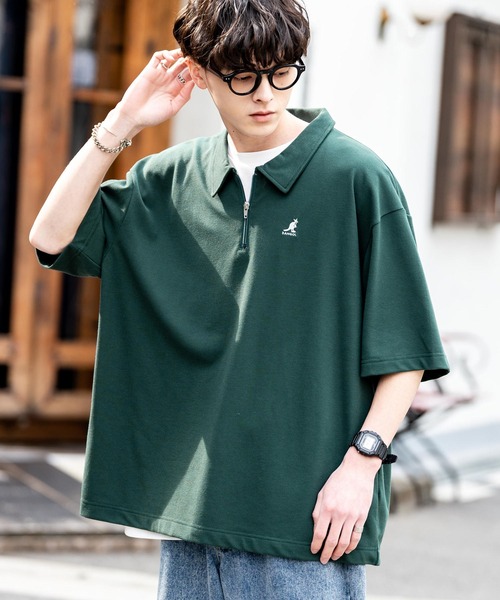 KANGOL（カンゴール）の「KANGOL カンゴール 別注コラボ 鹿の子ハーフジップクレリックカラー/オーバーサイズロゴ刺繍半袖ポロシャツ（ポロシャツ・メンズ・ブラック/ホワイト/グレー/ネイビー/グリーン/ホワイト×ブラック/ブラック×ホワイト・M/L/XL）」の6枚目の写真