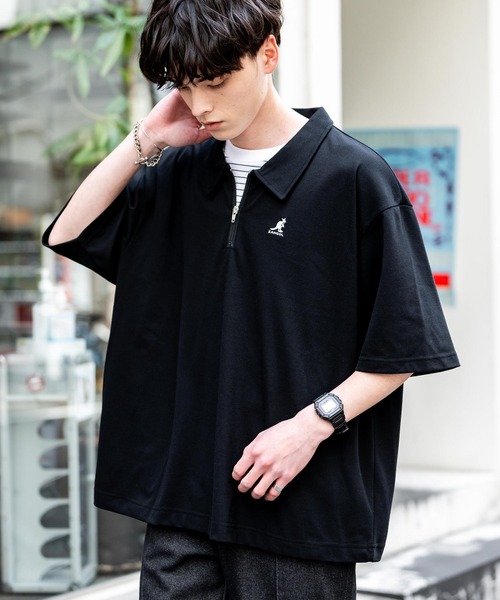 KANGOL（カンゴール）の「KANGOL カンゴール 別注コラボ 鹿の子ハーフジップクレリックカラー/オーバーサイズロゴ刺繍半袖ポロシャツ（ポロシャツ・メンズ・ブラック/ホワイト/グレー/ネイビー/グリーン/ホワイト×ブラック/ブラック×ホワイト・M/L/XL）」の4枚目の写真