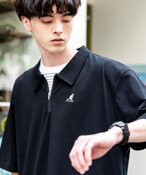 KANGOL（カンゴール）の「KANGOL カンゴール 別注コラボ 鹿の子ハーフジップクレリックカラー/オーバーサイズロゴ刺繍半袖ポロシャツ（ポロシャツ・メンズ・ブラック/ホワイト/グレー/ネイビー/グリーン/ホワイト×ブラック/ブラック×ホワイト・M/L/XL）」の16枚目の写真