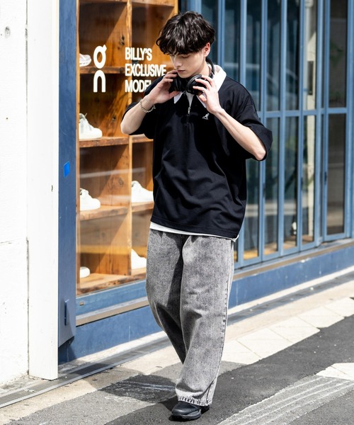 KANGOL（カンゴール）の「KANGOL カンゴール 別注コラボ 鹿の子ハーフジップクレリックカラー/オーバーサイズロゴ刺繍半袖ポロシャツ（ポロシャツ・メンズ・ブラック/ホワイト/グレー/ネイビー/グリーン/ホワイト×ブラック/ブラック×ホワイト・M/L/XL）」の20枚目の写真