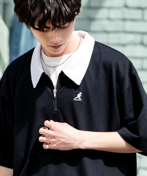 KANGOL（カンゴール）の「KANGOL カンゴール 別注コラボ 鹿の子ハーフジップクレリックカラー/オーバーサイズロゴ刺繍半袖ポロシャツ（ポロシャツ・メンズ・ブラック/ホワイト/グレー/ネイビー/グリーン/ホワイト×ブラック/ブラック×ホワイト・M/L/XL）」の21枚目の写真