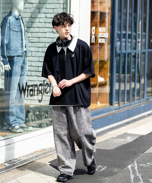 KANGOL（カンゴール）の「KANGOL カンゴール 別注コラボ 鹿の子ハーフジップクレリックカラー/オーバーサイズロゴ刺繍半袖ポロシャツ（ポロシャツ・メンズ・ブラック/ホワイト/グレー/ネイビー/グリーン/ホワイト×ブラック/ブラック×ホワイト・M/L/XL）」の22枚目の写真