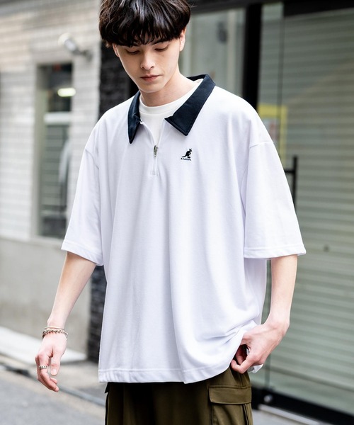 KANGOL（カンゴール）の「KANGOL カンゴール 別注コラボ 鹿の子ハーフジップクレリックカラー/オーバーサイズロゴ刺繍半袖ポロシャツ（ポロシャツ・メンズ・ブラック/ホワイト/グレー/ネイビー/グリーン/ホワイト×ブラック/ブラック×ホワイト・M/L/XL）」の12枚目の写真