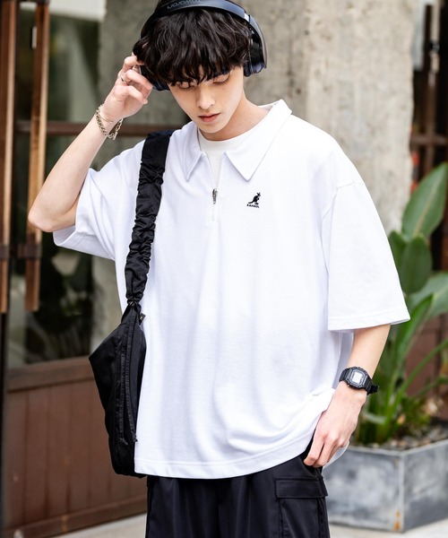 KANGOL（カンゴール）の「KANGOL カンゴール 別注コラボ 鹿の子ハーフジップクレリックカラー/オーバーサイズロゴ刺繍半袖ポロシャツ（ポロシャツ・メンズ・ブラック/ホワイト/グレー/ネイビー/グリーン/ホワイト×ブラック/ブラック×ホワイト・M/L/XL）」の8枚目の写真