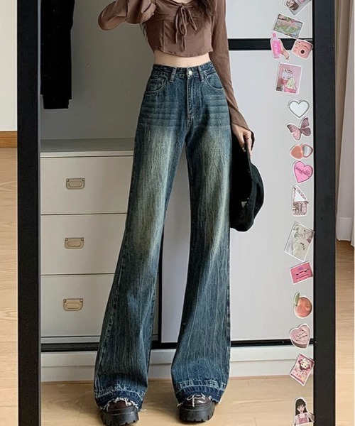 kirakiraShop(キラキラショップ)の「カットオフ ハイウエスト セミ バギー デニム(デニムパンツ・レディース・ブルー・S/M/L)」の2枚目の写真