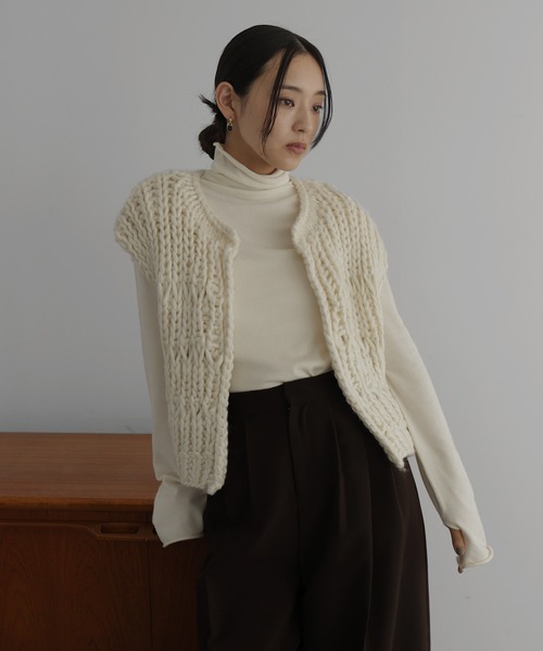 ハンドニットロービングベスト ニットベスト トップス アイボリー ESICA ハンドニットロービングベスト ニットベスト トップス