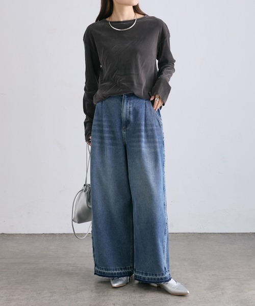 PUAL CE CIN(ピュアルセシン)の「ナイロンチュールベロアクルーネックトップス(Tシャツ/カットソー・レディース・アイボリー/グレー・FREE)」の10枚目の写真