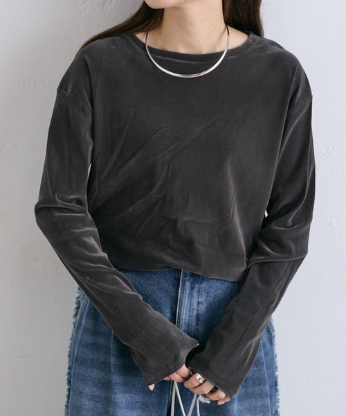 PUAL CE CIN(ピュアルセシン)の「ナイロンチュールベロアクルーネックトップス(Tシャツ/カットソー・レディース・アイボリー/グレー・FREE)」の9枚目の写真