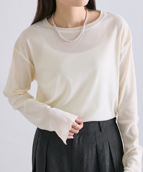 PUAL CE CIN(ピュアルセシン)の「ナイロンチュールベロアクルーネックトップス(Tシャツ/カットソー・レディース・アイボリー/グレー・FREE)」の3枚目の写真