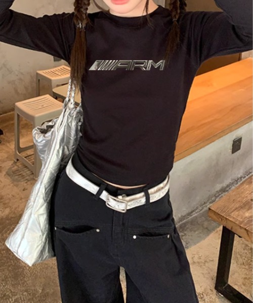 CANVAS+(キャンバスプラス)の「【CANVAS+】メタルプリントロゴロンT(Tシャツ/カットソー・レディース・ブラック/ホワイト・M)」の2枚目の写真