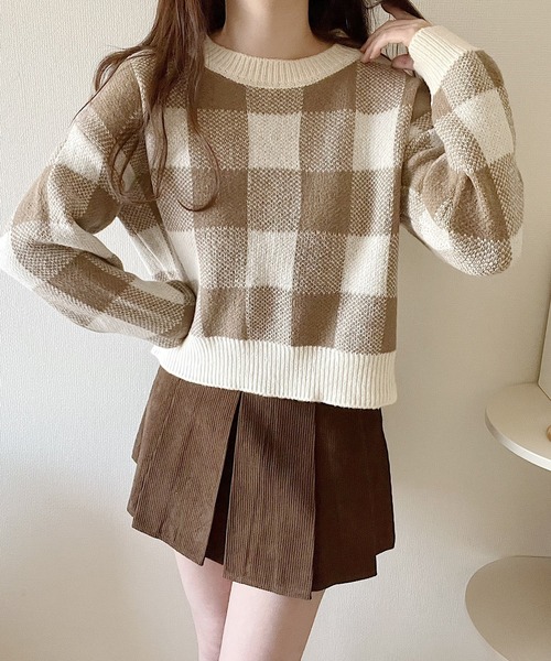 Nana(ナナ)の「ブロックチェックニット(ニット/セーター・レディース・ブルー/ブラウン・FREE)」の6枚目の写真