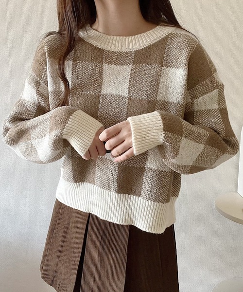 Nana(ナナ)の「ブロックチェックニット(ニット/セーター・レディース・ブルー/ブラウン・FREE)」の9枚目の写真