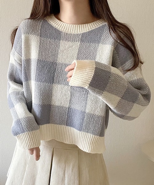Nana(ナナ)の「ブロックチェックニット(ニット/セーター・レディース・ブルー/ブラウン・FREE)」の14枚目の写真