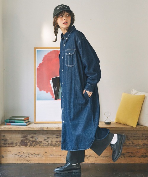 配色ステッチ デニム ロング シャツワンピース（シャツワンピース