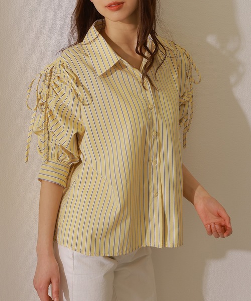 セール】ストライプ柄 ギャザー袖 フロントボタン 7分袖 ブラウス