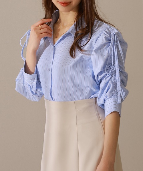 セール】ストライプ柄 ギャザー袖 フロントボタン 7分袖 ブラウス