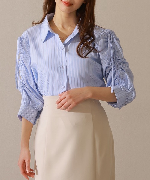Lace Ladies(レースレディース)の「ストライプ柄 ギャザー袖 フロントボタン 7分袖 ブラウス(シャツ/ブラウス・レディース・ブルー/イエロー/ピンク/ネイビー・S/FREE)」の15枚目の写真
