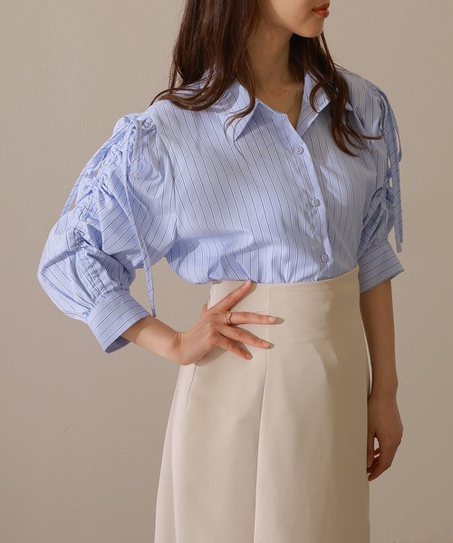 Lace Ladies(レースレディース)の「ストライプ柄 ギャザー袖 フロントボタン 7分袖 ブラウス(シャツ/ブラウス・レディース・ブルー/イエロー/ピンク/ネイビー・S/FREE)」の17枚目の写真