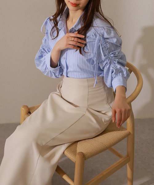 Lace Ladies(レースレディース)の「ストライプ柄 ギャザー袖 フロントボタン 7分袖 ブラウス(シャツ/ブラウス・レディース・ブルー/イエロー/ピンク/ネイビー・S/FREE)」の19枚目の写真