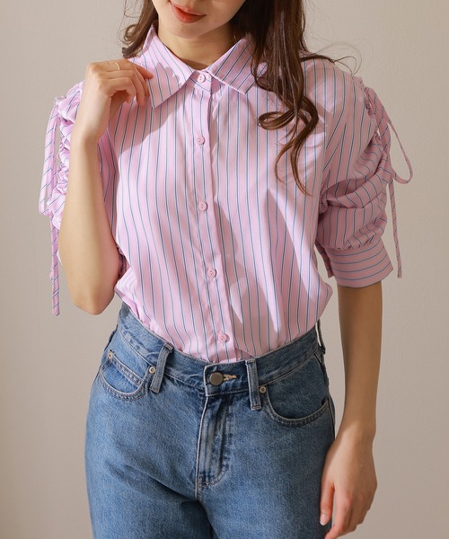 Lace Ladies(レースレディース)の「ストライプ柄 ギャザー袖 フロントボタン 7分袖 ブラウス(シャツ/ブラウス・レディース・ブルー/イエロー/ピンク/ネイビー・S/FREE)」の21枚目の写真