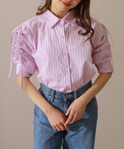 Lace Ladies(レースレディース)の「ストライプ柄 ギャザー袖 フロントボタン 7分袖 ブラウス(シャツ/ブラウス・レディース・ブルー/イエロー/ピンク/ネイビー・S/FREE)」の22枚目の写真