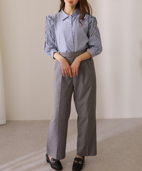 Lace Ladies(レースレディース)の「ストライプ柄 ギャザー袖 フロントボタン 7分袖 ブラウス(シャツ/ブラウス・レディース・ブルー/イエロー/ピンク/ネイビー・S/FREE)」の5枚目の写真