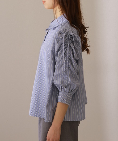 Lace Ladies(レースレディース)の「ストライプ柄 ギャザー袖 フロントボタン 7分袖 ブラウス(シャツ/ブラウス・レディース・ブルー/イエロー/ピンク/ネイビー・S/FREE)」の9枚目の写真