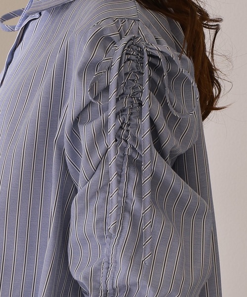 Lace Ladies(レースレディース)の「ストライプ柄 ギャザー袖 フロントボタン 7分袖 ブラウス(シャツ/ブラウス・レディース・ブルー/イエロー/ピンク/ネイビー・S/FREE)」の12枚目の写真