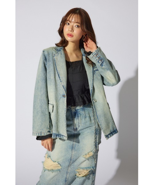 rienda リエンダ ゴムギャザーショートデニムジャケット rienda ゴムギャザーショート DENIM JK L/GRY1 -ファッション
