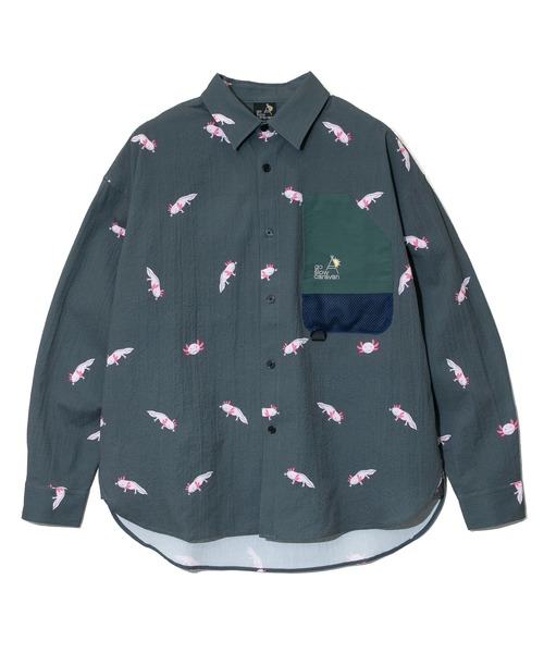 go slow caravan ゴースローキャラバン シャツ ストレッチサッカー総柄プリントユーティリティーシャツ メンズ レディース ユニセックス 702581022013 ストレッチサッカー総柄プリントユーティリティーシャツ（シャツ