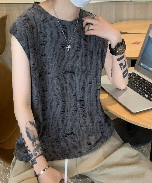 UNIF ビッグシルエット ノースリーブカットソー ダメージ加工