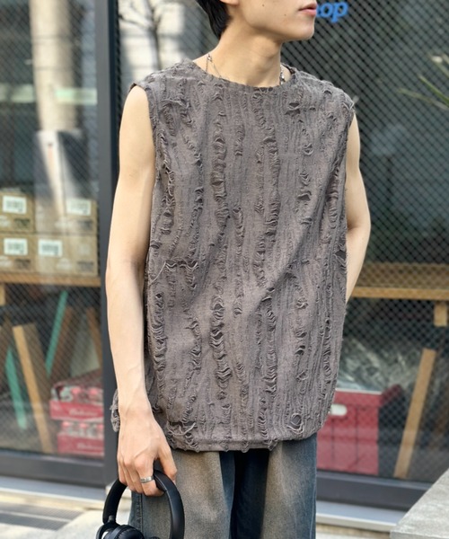 セール】ダメージ加工ビッグノースリーブTシャツ（タンクトップ
