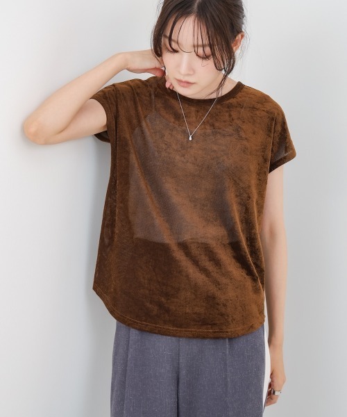 Bab(バブ)の「シアーベロアフレンチスリーブカットソー(Tシャツ/カットソー・レディース・オフホワイト/チャコールグレー/ブルー/ピンク/ブラック/オレンジ/ネイビー/ブラウン/ダークブラウン/アイボリー・M)」の6枚目の写真