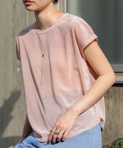 Bab(バブ)の「シアーベロアフレンチスリーブカットソー(Tシャツ/カットソー・レディース・オフホワイト/チャコールグレー/ブルー/ピンク/ブラック/オレンジ/ネイビー/ブラウン/ダークブラウン/アイボリー・M)」の9枚目の写真