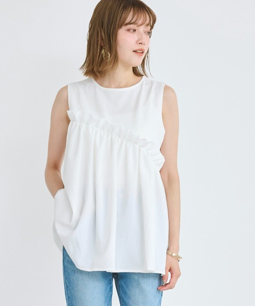 セール】アシメフリルギャザーノースリトップス（Tシャツ