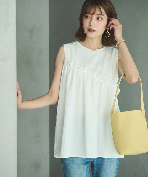 tシャツ アシメフリルギャザーノースリトップス レディース セール】アシメフリルギャザーノースリトップス（Tシャツ