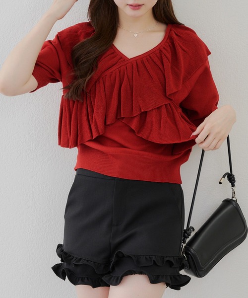 【25ss 新品】ESTNATION 半袖 ニット スカラップ フリル HEILIS ニット セーター 「新色追加」リボンフリルノースリーブ