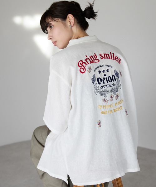 ブラウス シャツ Orion Beer Embroidered Shirt　オリオンビール刺繍半袖開襟シャツ レディース メンズ セール】Orion Beer Embroidered Shirt オリオンビール刺繍半袖