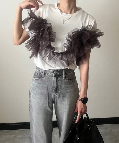 fifth(フィフス)の「【接触冷感】チュールドッキングTシャツ(Tシャツ/カットソー・レディース・ホワイト系その他/ブラウン/ブラック×ブラック・M)」の3枚目の写真