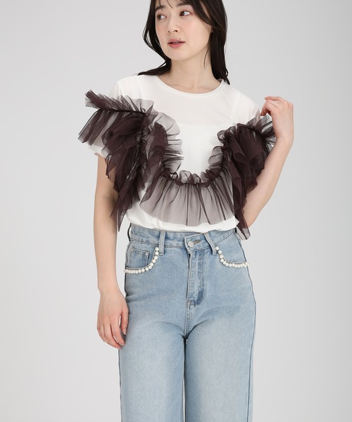 fifth(フィフス)の「【接触冷感】チュールドッキングTシャツ(Tシャツ/カットソー・レディース・ホワイト系その他/ブラウン/ブラック×ブラック・M)」の4枚目の写真