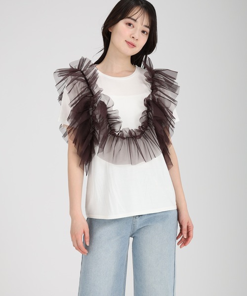 fifth(フィフス)の「【接触冷感】チュールドッキングTシャツ(Tシャツ/カットソー・レディース・ホワイト系その他/ブラウン/ブラック×ブラック・M)」の5枚目の写真