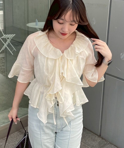 continuer de NICE CLAUP（コンティニューデナイスクラップ）の「【＠_chipi2x セレクト】楊柳シアーラッフル5分袖ブラウス（シャツ/ブラウス・レディース・ミント/ピンク/アイボリー/ブラック/オフホワイト/ブルー・FREE）」の22枚目の写真