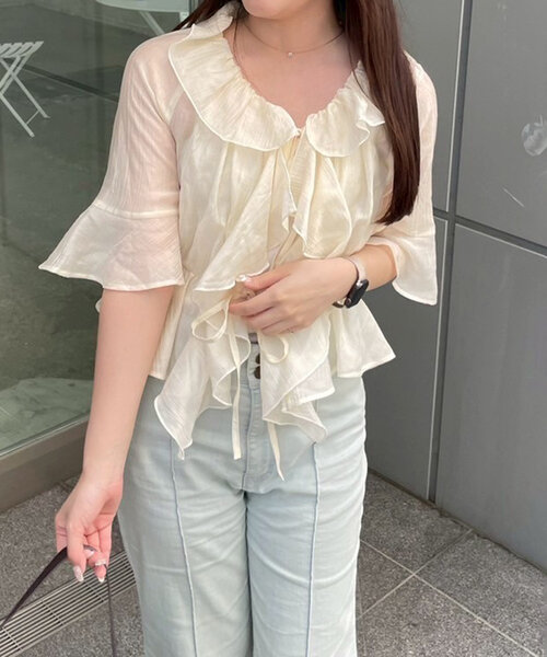 continuer de NICE CLAUP（コンティニューデナイスクラップ）の「【＠_chipi2x セレクト】楊柳シアーラッフル5分袖ブラウス（シャツ/ブラウス・レディース・ミント/ピンク/アイボリー/ブラック/オフホワイト/ブルー・FREE）」の21枚目の写真