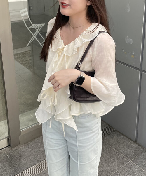 continuer de NICE CLAUP（コンティニューデナイスクラップ）の「【＠_chipi2x セレクト】楊柳シアーラッフル5分袖ブラウス（シャツ/ブラウス・レディース・ミント/ピンク/アイボリー/ブラック/オフホワイト/ブルー・FREE）」の20枚目の写真