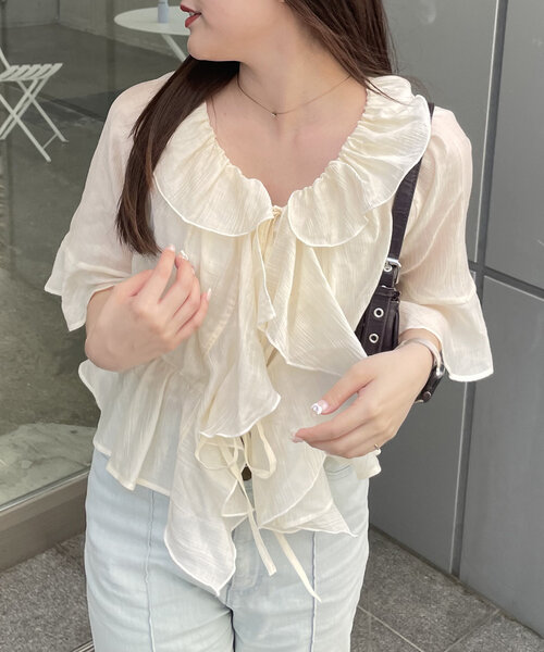 continuer de NICE CLAUP（コンティニューデナイスクラップ）の「【＠_chipi2x セレクト】楊柳シアーラッフル5分袖ブラウス（シャツ/ブラウス・レディース・ミント/ピンク/アイボリー/ブラック/オフホワイト/ブルー・FREE）」の19枚目の写真