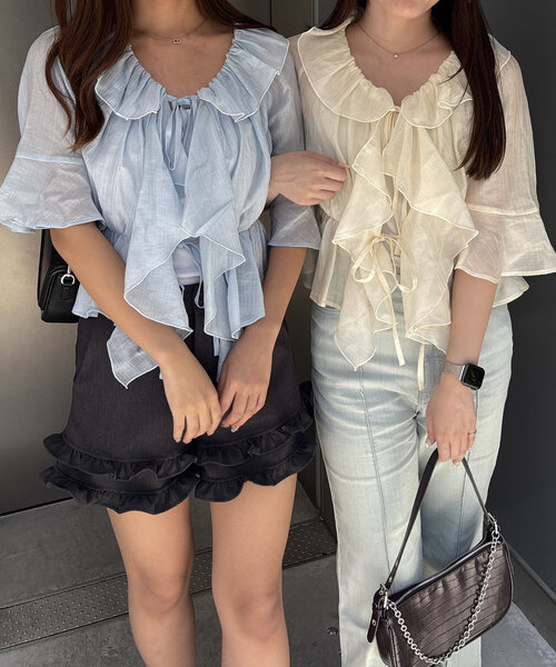 continuer de NICE CLAUP（コンティニューデナイスクラップ）の「【＠_chipi2x セレクト】楊柳シアーラッフル5分袖ブラウス（シャツ/ブラウス・レディース・ミント/ピンク/アイボリー/ブラック/オフホワイト/ブルー・FREE）」の18枚目の写真