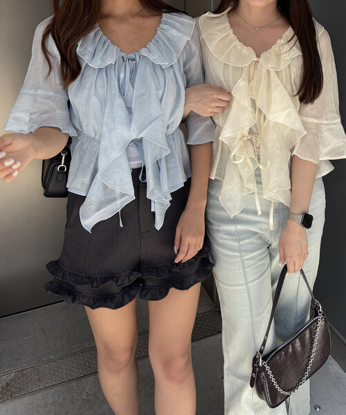 continuer de NICE CLAUP（コンティニューデナイスクラップ）の「【＠_chipi2x セレクト】楊柳シアーラッフル5分袖ブラウス（シャツ/ブラウス・レディース・ミント/ピンク/アイボリー/ブラック/オフホワイト/ブルー・FREE）」の17枚目の写真