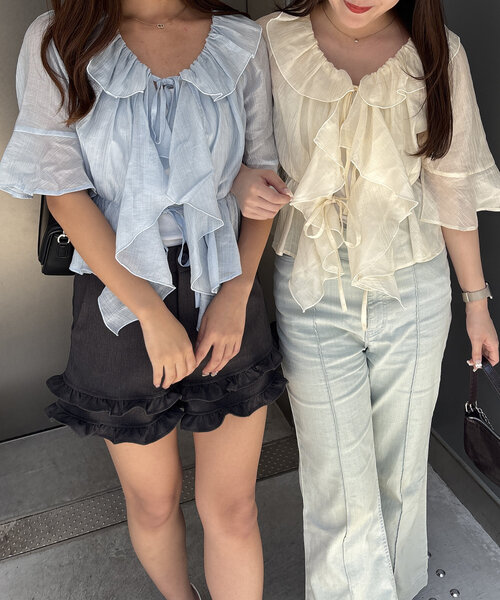 continuer de NICE CLAUP（コンティニューデナイスクラップ）の「【＠_chipi2x セレクト】楊柳シアーラッフル5分袖ブラウス（シャツ/ブラウス・レディース・ミント/ピンク/アイボリー/ブラック/オフホワイト/ブルー・FREE）」の16枚目の写真
